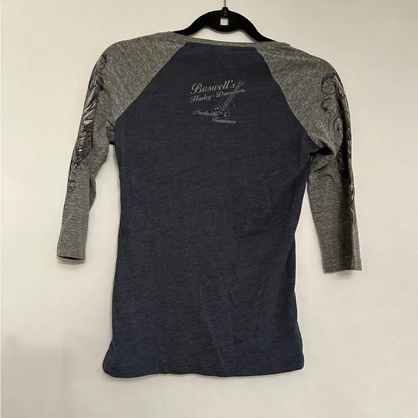 Harley-Davidson Rhinestone Logo Raglan Top Small Gray Blue Biker Tee - Image 5