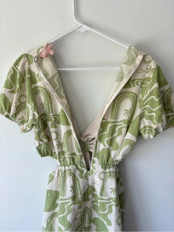 Show Me Your Mumu Jessa Mini Dress Green White Tropical Pattern Linen Blend - Image 9
