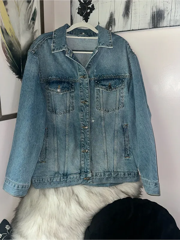 Free People Studded Denim Trucker Jacket $148 MSRP - Image 9