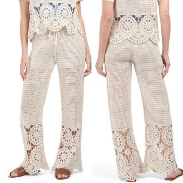 Solitaire X Anthropologie Crochet Wide Leg Pants Cream Ivory Boho Bohemian - Image 6