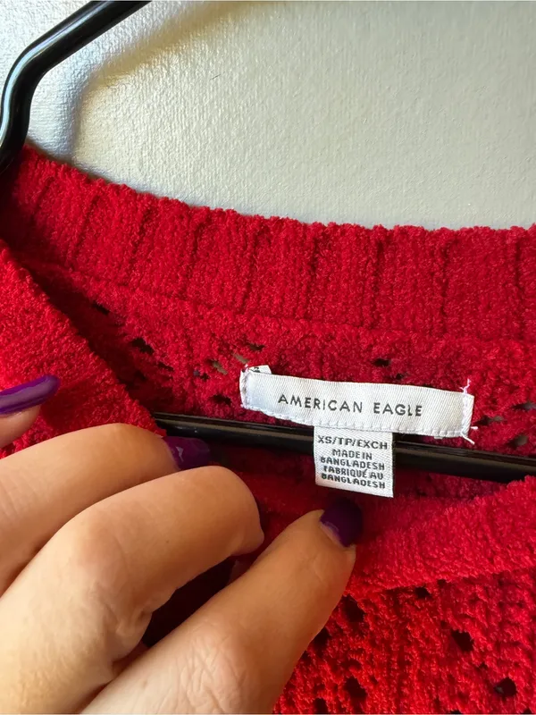 American Eagle Red Open Knit Cropped Sweater XS - Image 4