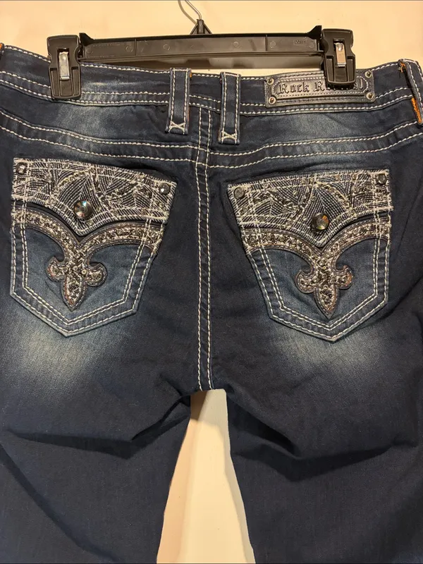 Rock Revival Oliana Mid-Rise Skinny Jeans Bling Pockets Intentional Fading SZ 30 - Image 13