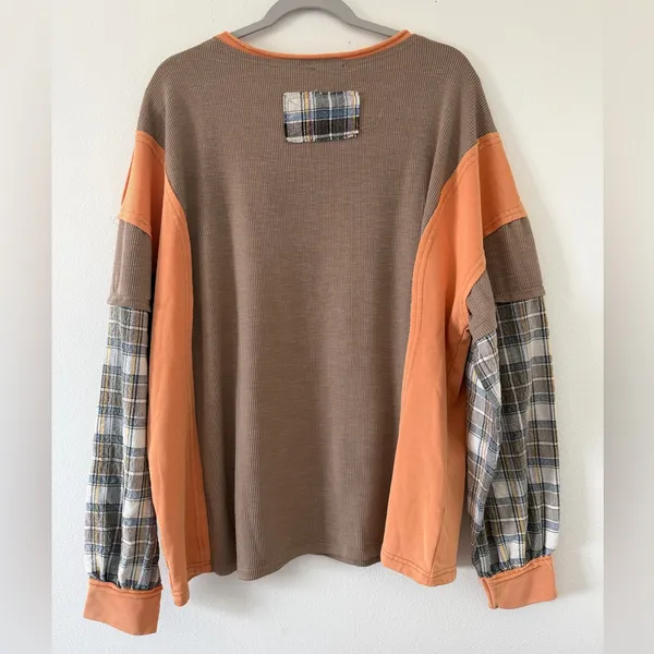 NWT Easel Peace Patch Mixed Mineral Washed Colorblock Plaid Top size large - Image 9