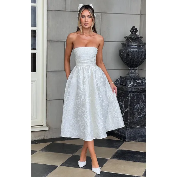 NWT Babyboo Saoirse Ivory Floral Jacquard Strapless Fit & Flare Midi Dress Sz S - Image 2