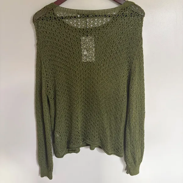 Zara Women Olive Green Open Knit Sweater Metallic Crochet Crew Neck 3859/005 M - Image 9