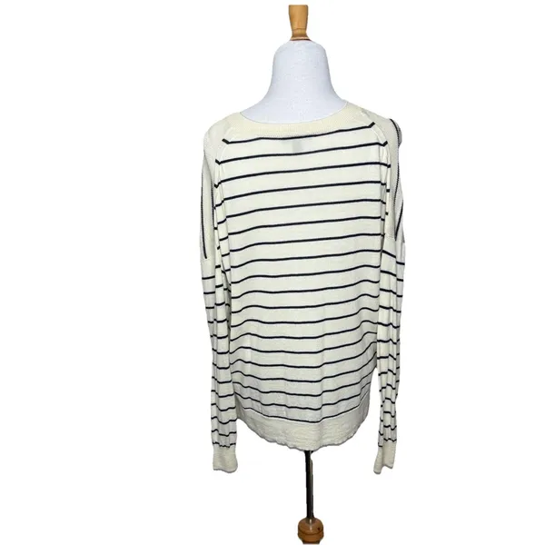 J Crew Cream Black Striped V Neck Sweater Size Medium Womens Wool Blend - Image 3