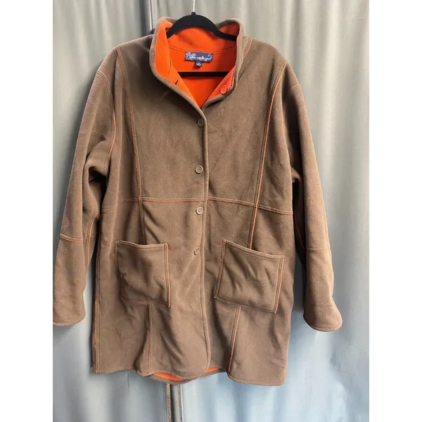 Susan Graver Fleece Jacket 1X Brown Long Sleeve Button Front Reversible B76 - Image 2