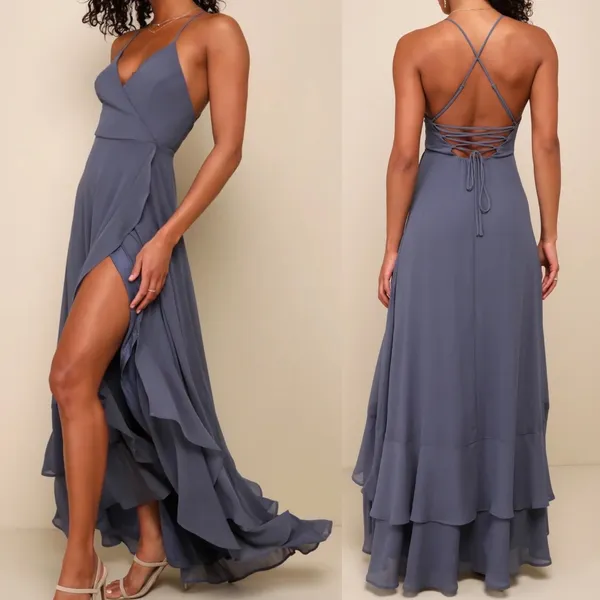 NWT Lulus Size Small‎ In Love Forever Granite Blue Lace-Up High-Low Maxi Dress - Image 2
