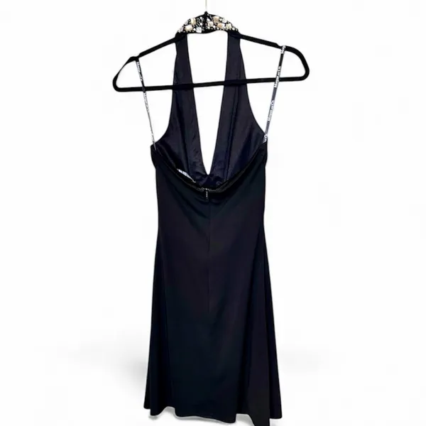Morgan & Co Y2K Black Embellished Halter Dress with Cinched Gathered Vneck Sz XS - Image 3