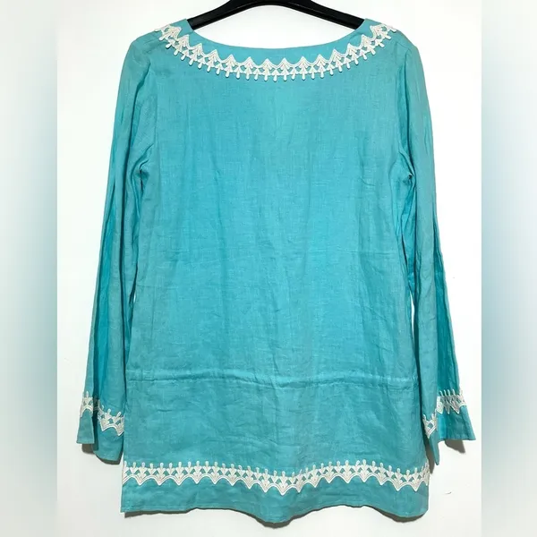 NWOT Vintage Lilly Pulitzer Blue Linen Tunic Top 3/4 Sleeves Lace Trim Small - Image 2