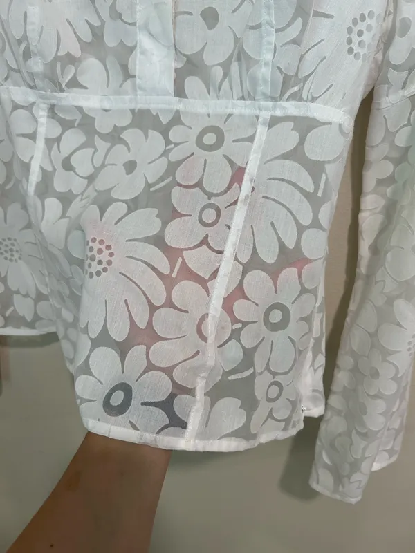 White semi sheer floral long sleeve top - Image 3