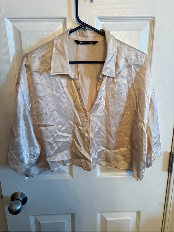 ZARA Satin Cropped Button-Down Top - Champagne, M - Image 2