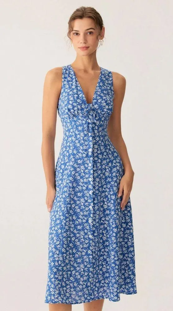 Rihoas Blue Floral V Neck Sleeveless Midi Dress - Image 2