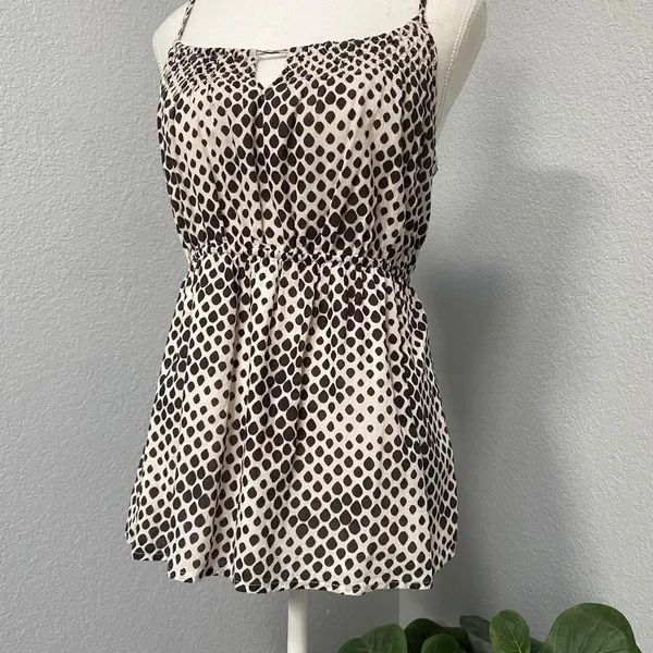 Y2k Old Navy White Brown Polka Dot Tank Top Keyhole Boho Cottagecore Summer - Image 3