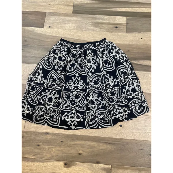 J.Crew Silk Chiffon Midi Skirt Size 8 Black Cream Boho Print Lined - Image 8