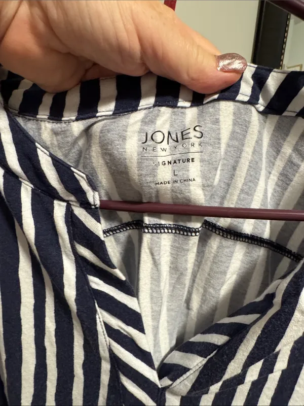 Jones New York Navy & White Vertical Stripe Short Sleeve Top - Image 2