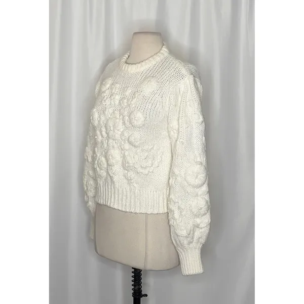 ZARA White Floral Embroidered Puff Sleeve Knit Sweater Blogger Favorite Small - Image 5