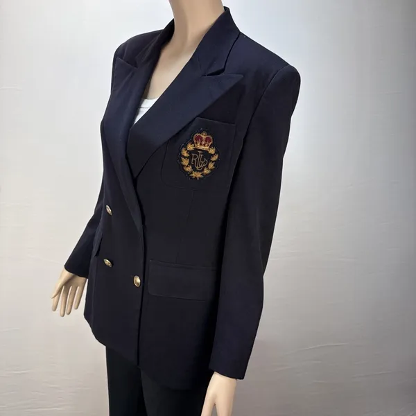 Ralph Lauren Vtg Navy Blazer Royal Crest Gold Button‎ Double Breast Wool Size 6 - Image 3