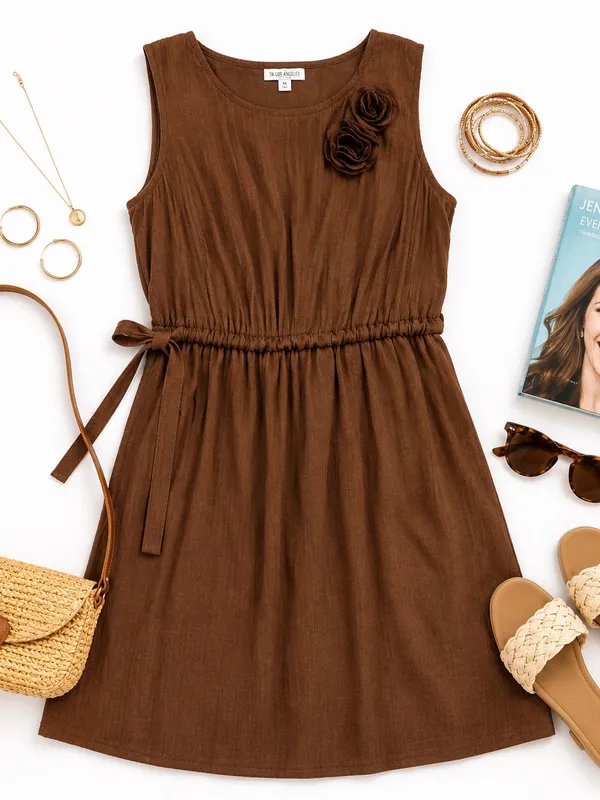 YA Los Angeles Bronze Brown Rosette Shoulder Mini Dress Medium Elastic Waist Tie - Image 16