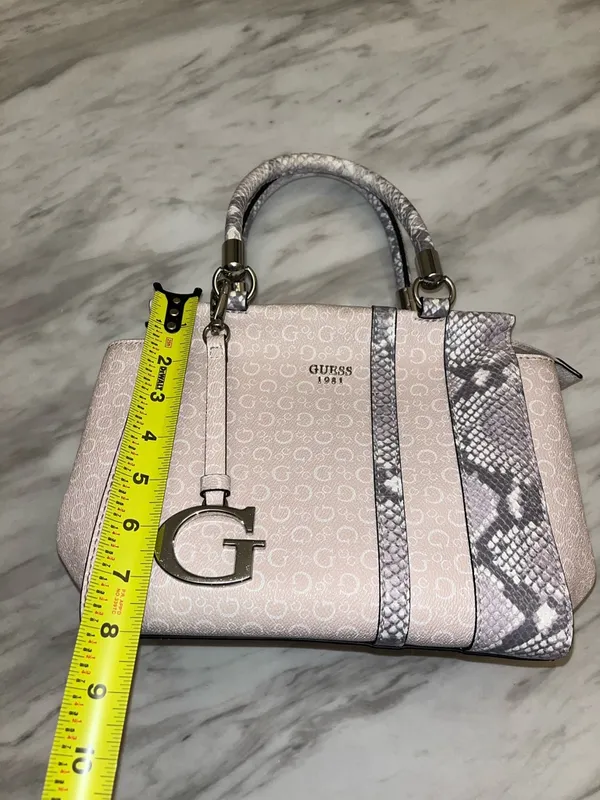 Guess Pink Monogram Satchel with Snake-Print Trim - Image 11