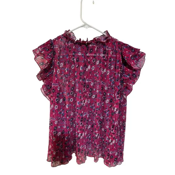 Anthropologie Women's Standard M Pink Floral Pleated Ruffle Blouse Spring Casual - Image 4