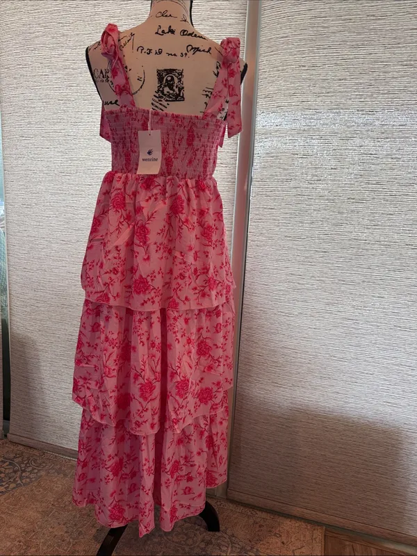 Wenrine Woman’s Tiered Summer Pink Floral Maxi Dress with Tie Straps - Image 4