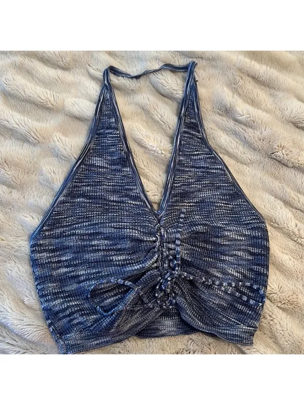 Vici JEANIE RUCHED HALTER KNIT CROP TOP - BLUE - Image 4