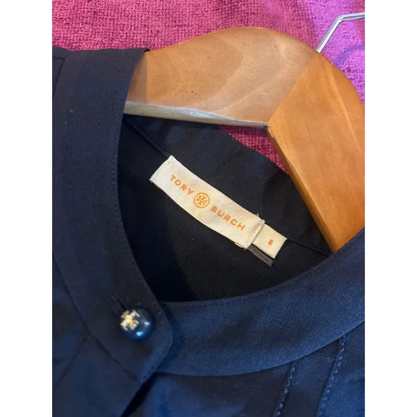 TORY BURCH Jane Ruffle Shirt Dress Button Down Navy Blue Size 6 Long Sleeve S - Image 5
