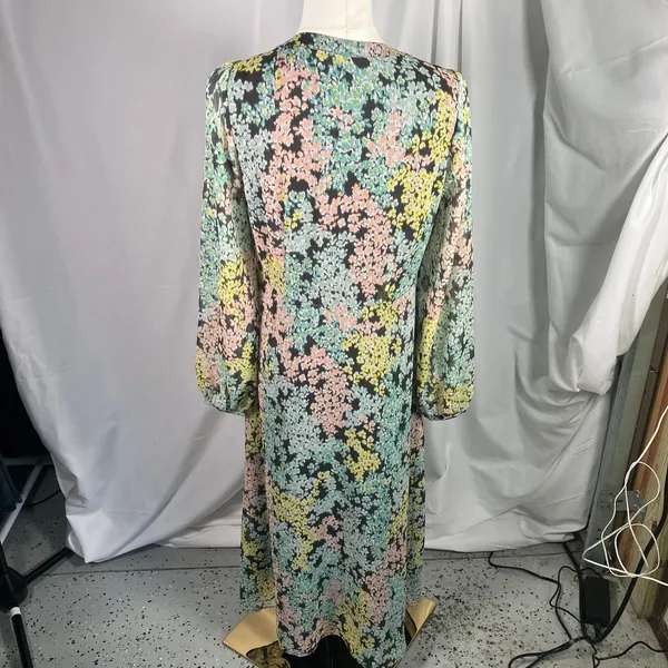LOFT‎ Size 4 Floral Midi Dress Grey Pastel Button Front Sheer Lined Long Sleeve - Image 2