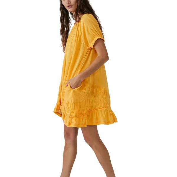 Free People 19Y So Scenic Mini Dress Yellow Cotton Boho Ruffle Oversized XS‎ - Image 4