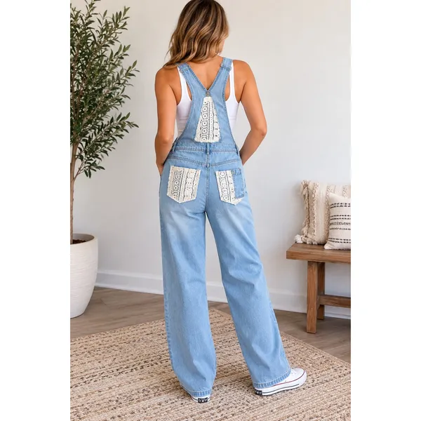 POL Light Wash Denim Overalls Size M Crochet Lace Wide Leg Boho - Image 4