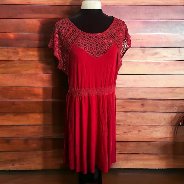 Torrid Womens Dress Sz 0‎ L 12 Red Mini Super Soft Lace Inset Skater NEW - Image 5