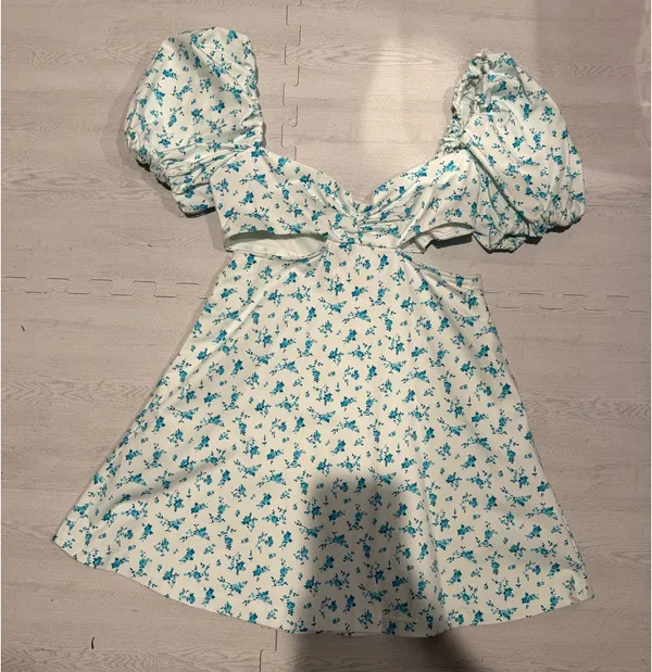 ZARA Blue Floral Cutout Puff Sleeve Summer Dress - Image 3