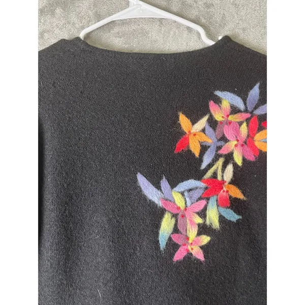 Vintage Black Floral Embroidered Wool Cardigan Jacket Cottagecore Folk Art Boho - Image 4