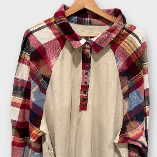 FREE PEOPLE Isabelle Plaid Trim Thermal Henley In Mink Combo Size Large - Image 7