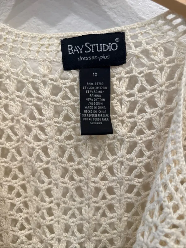 Bay Studio 1X Ivory Crochet Open Front Cardigan Cotton Blend - Image 2