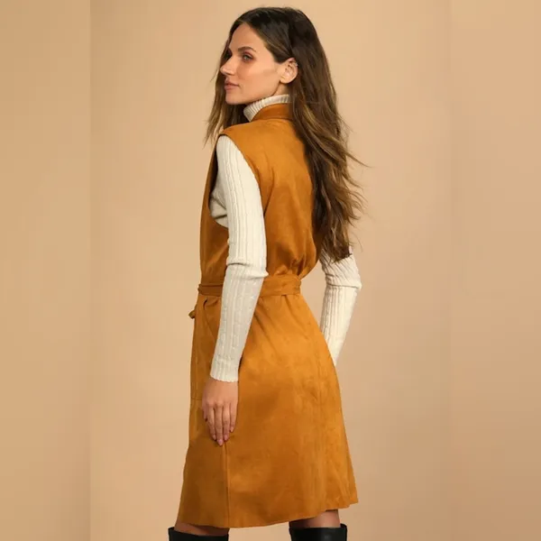 Lulus Brown Brisk Bliss Camel Suede Sleeveless Button‎ Long Trench Coat - Image 9