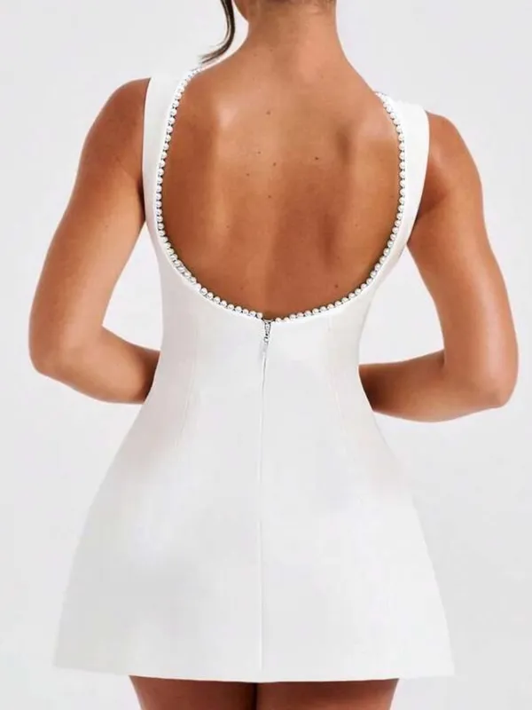 White Sleeveless A-Line Dress with Pearl Trim - Image 7