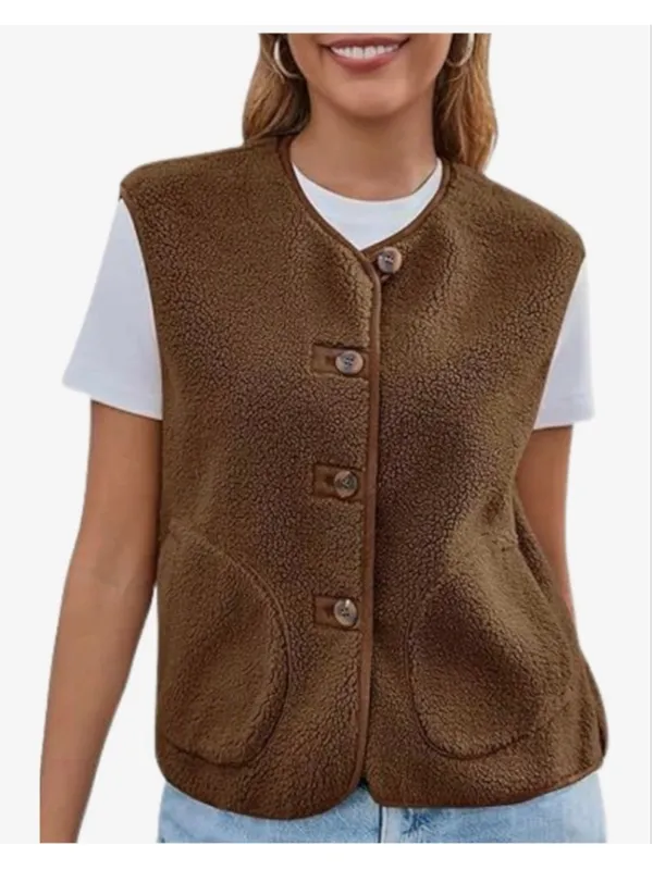 NEW Fuzzy Fleece Sleeveless Button Brown Button-Up Vest XL - Image 3