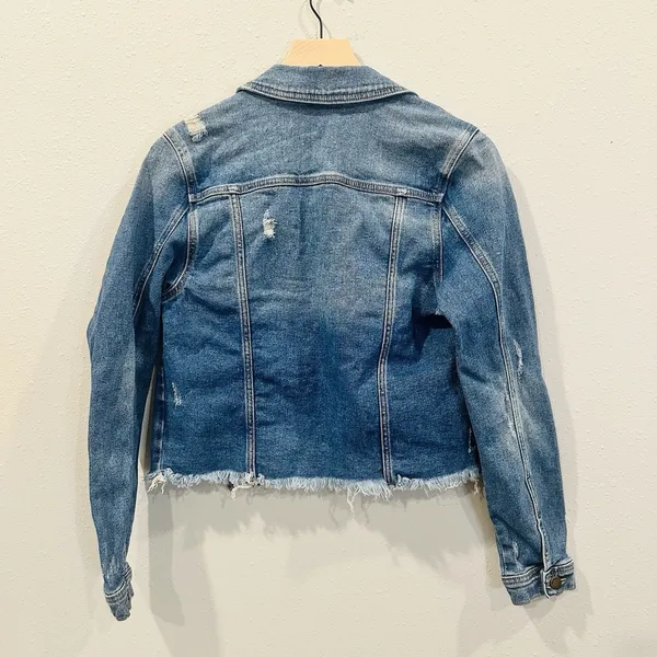 Just USA Boutique Women Distressed Blue Staircase Hem Jean Jacket Button Up-Med - Image 3