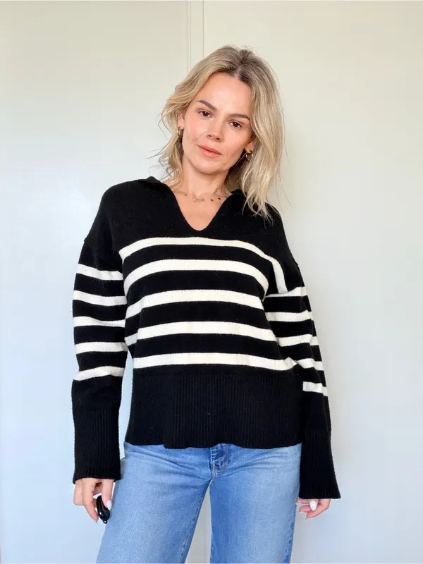 Zara Black & White Striped V-Neck Sweater - Image 5