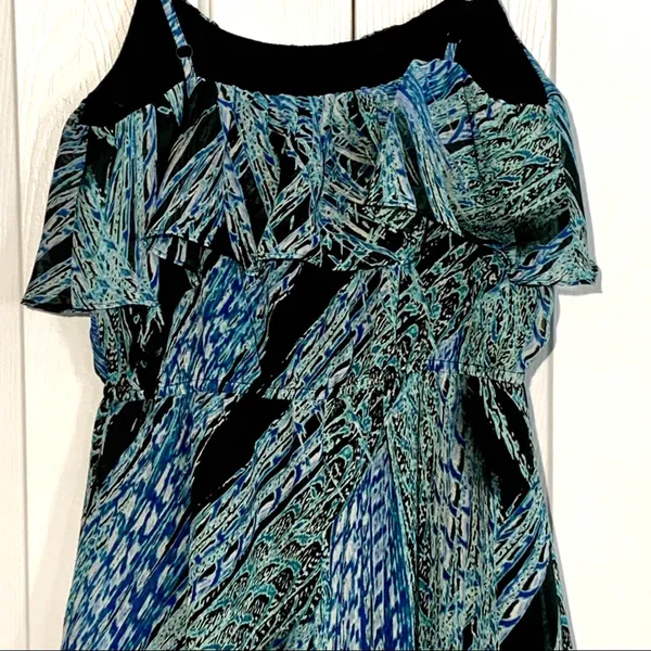Lila Rose Dress Blue Green Black Print Sleeveless Ruffle Mini Dress Medium - Image 6
