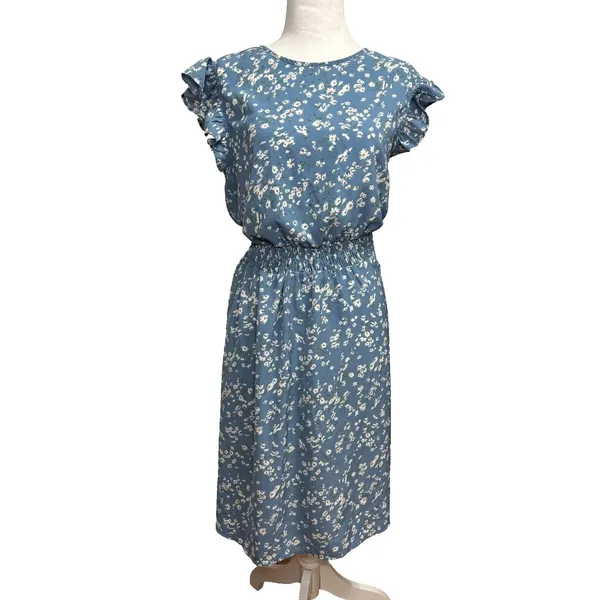 Ditsy‎ Floral Dress Blue Ruffle Cap Sleeve Smocked Waist Boho Cottage Garden S - Image 2