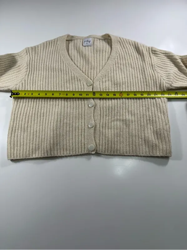 Polly Wool Blend V-Neck Cream Ribbed Button Cardigan Sweater - Image 4