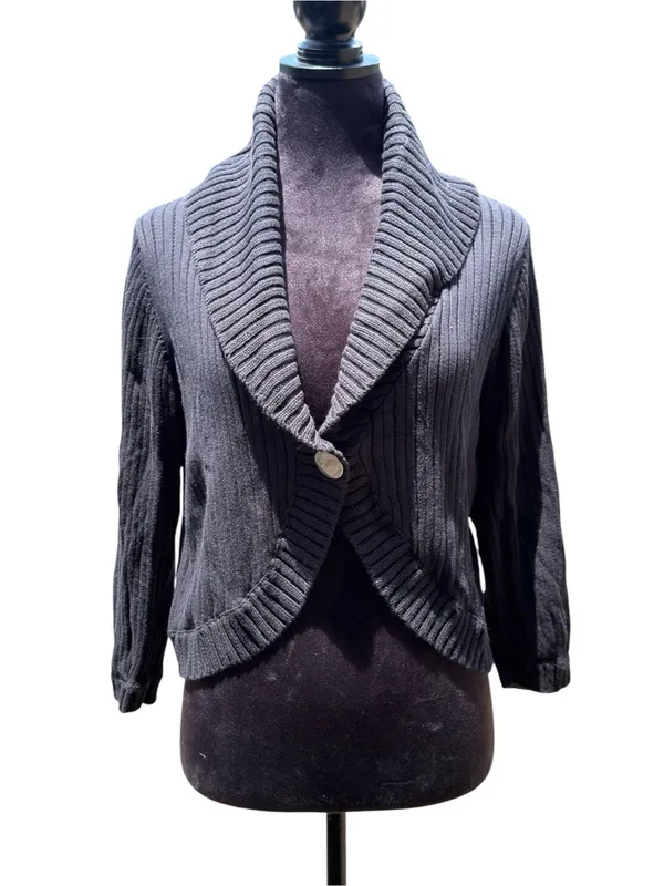 Kenneth Cole Reaction Black Cropped Ribbed Cardigan Shawl Collar‎ 1 Button Large - Image 2