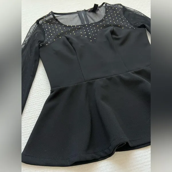 Material Girl Top Black Peplum Blouse Sz S Mesh SL Ruffle Bottom - Holiday - Image 2