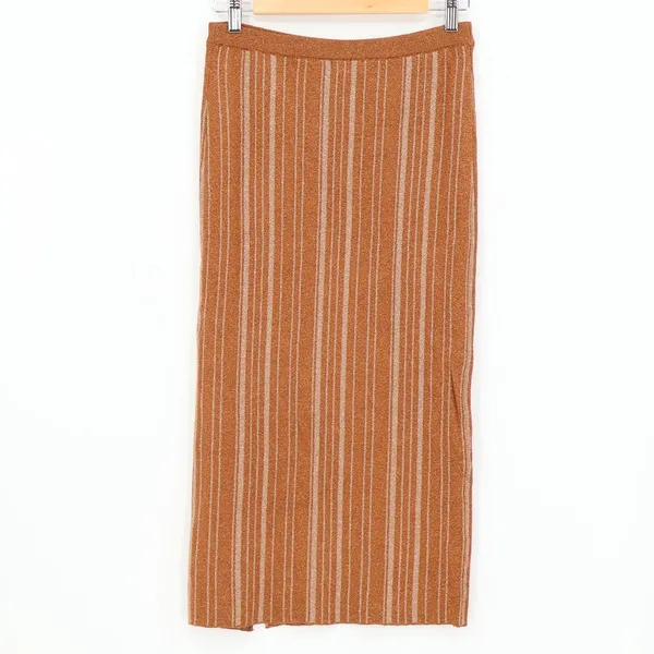 LPA Revolve‎ Vance Midi Knit Skirt Metallic Stripe Bronze Gold Pearl Size S - Image 2