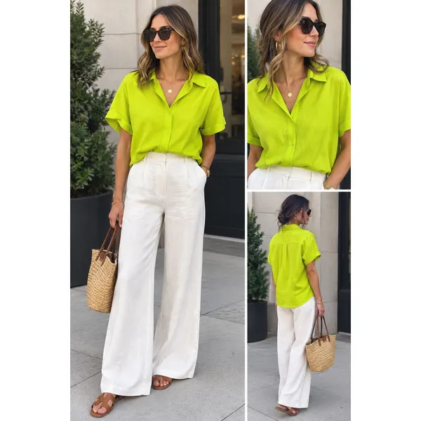 Essentiel Antwerp Button Down Shirt Women M Lime Green Satin Boxy Blouse - Image 2