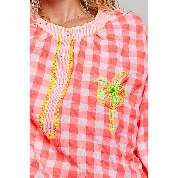 POL Gingham Embroidered Palm Tree Blouse - Pink - Medium - Image 6
