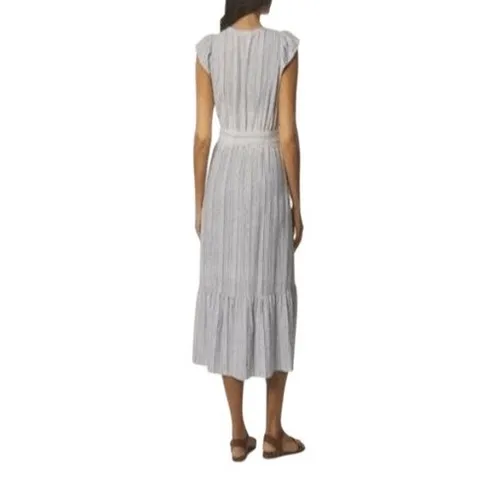 BRIGGS Linen Blend Midi Dress L Blue Striped Flutter Sleeve Belted NWT Coastal - Image 16